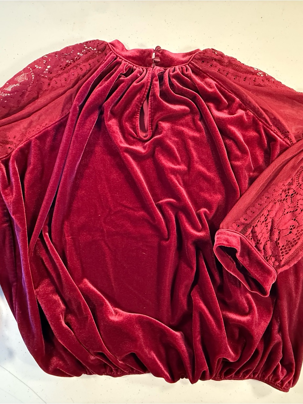 Free People Velvet Lace-Sleeve Blouse in Deep Wine